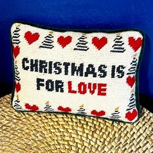 Needlepoint Handmade “Christmas is for Love Small Green Velvet Backed Pillow
